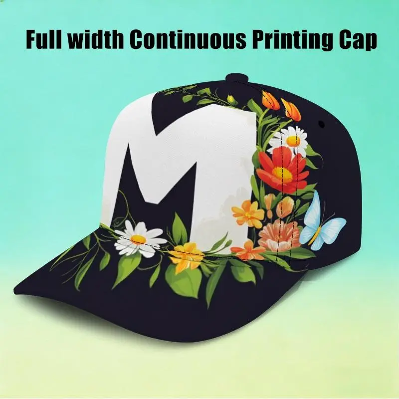 Vibrant Floral & Letter M All-Over Seamless Pattern Party Hat, One Size Fits All with Mixed Color Designs Featuring Colorful Blooms, Butterflies & Green Leaves, Ideal for Themed Celebrations and Festive Party Decor