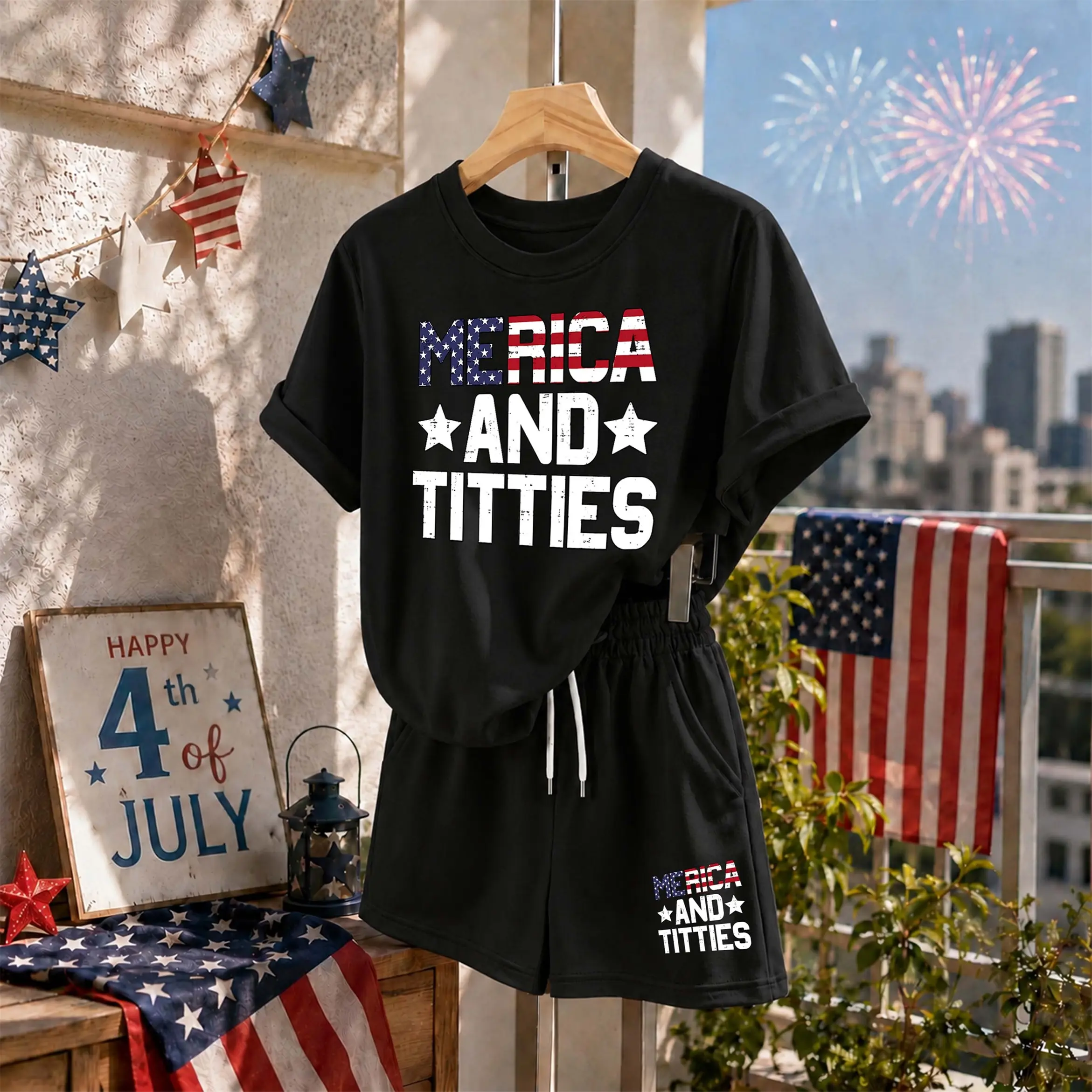 Women’s Merica And Titties Graphic Print Short Sleeve T-Shirt and Drawstring Shorts Set, Casual Summer 2-Piece Outfit, Comfortable Crew Neck Top and Elastic Waist Shorts for Daily Wear, Vacation, Travel, Beach, Resort and Lounge Wear