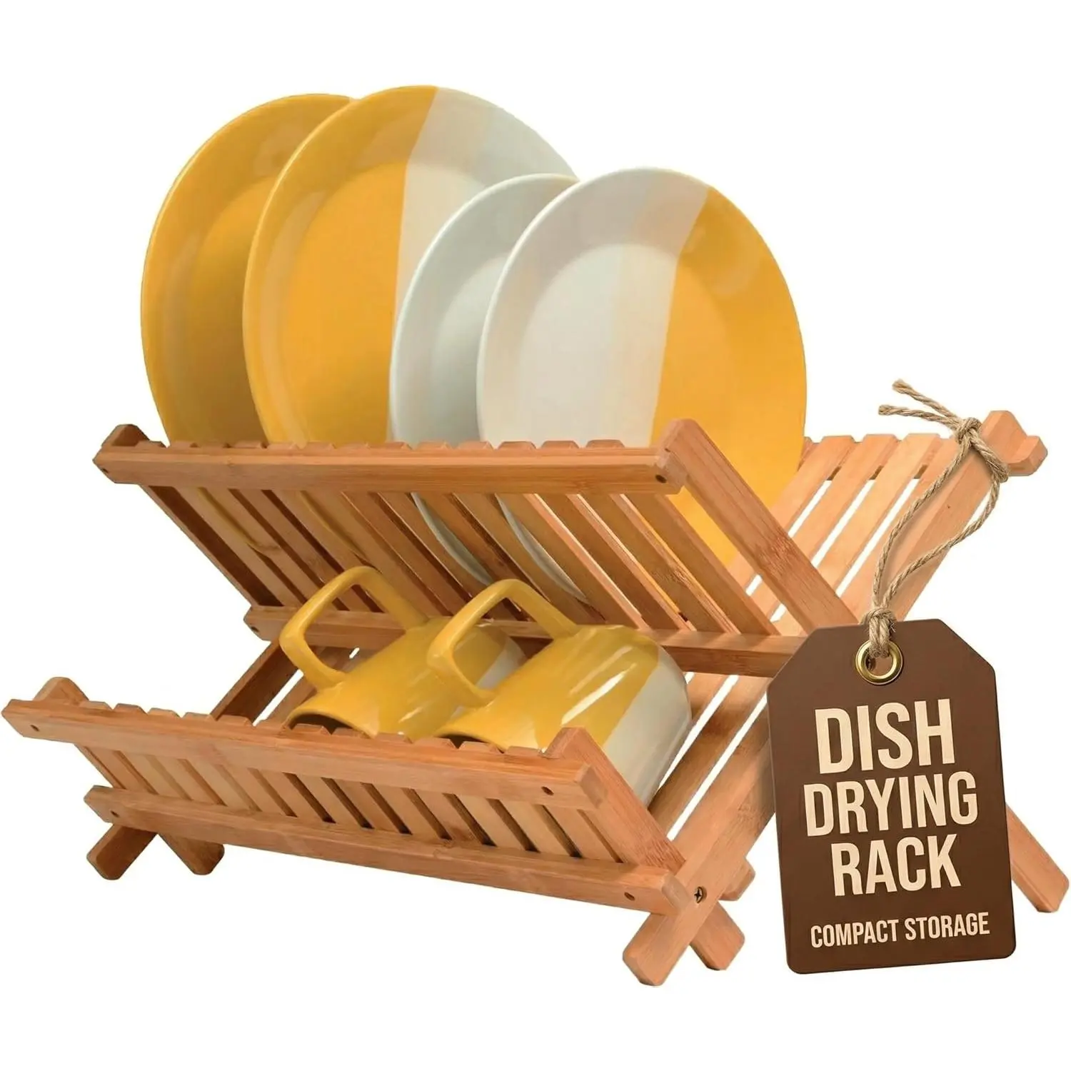Bambüsi Dish Drying Rack - Collapsible Bamboo 2 Tier Foldable Wooden Dish Drainer for Countertop, Plates Cups Bowls Utensils - Eco Friendly Folding Bamboo Dish Rack for Kitchen Apartment RV Home Small