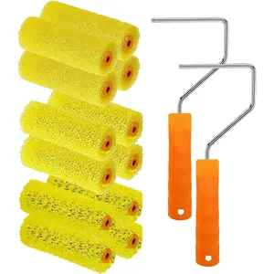 12 Pcs Textured Paint Roller Covers with 2 Frames Set, 4 inch 3 Textures Foam Drywall Texture Paint Rollers, House Paint Roller Covers for Art Painting Walls Ceilings
