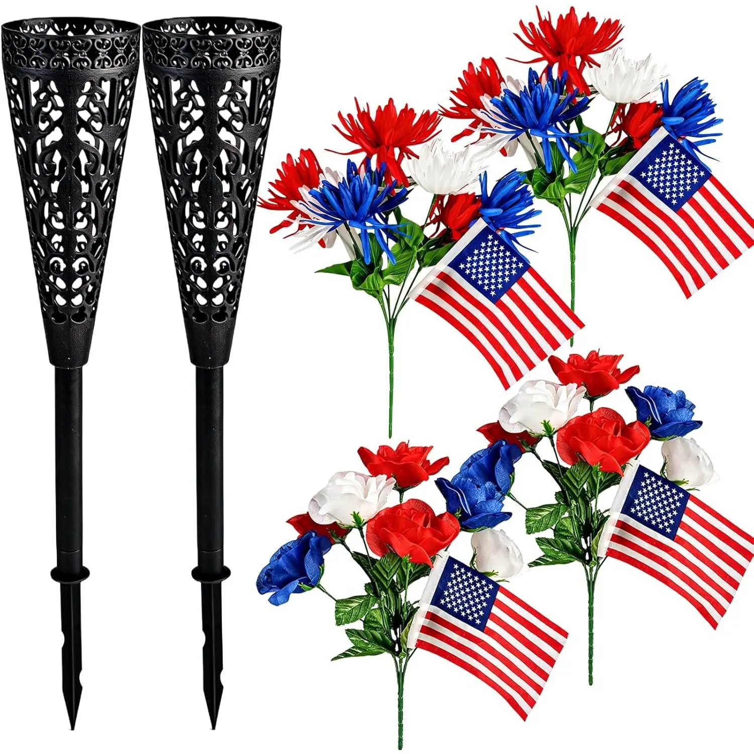 6PCS Memorial Day Grave Decorations, 4 Bunches Red White Blue Cemetery Artificial Flowers with Flags & 2PCS Spikes,Patriotic Memorial Bouquet Flower for Veterans Day 4th of July Independence Day Grave
