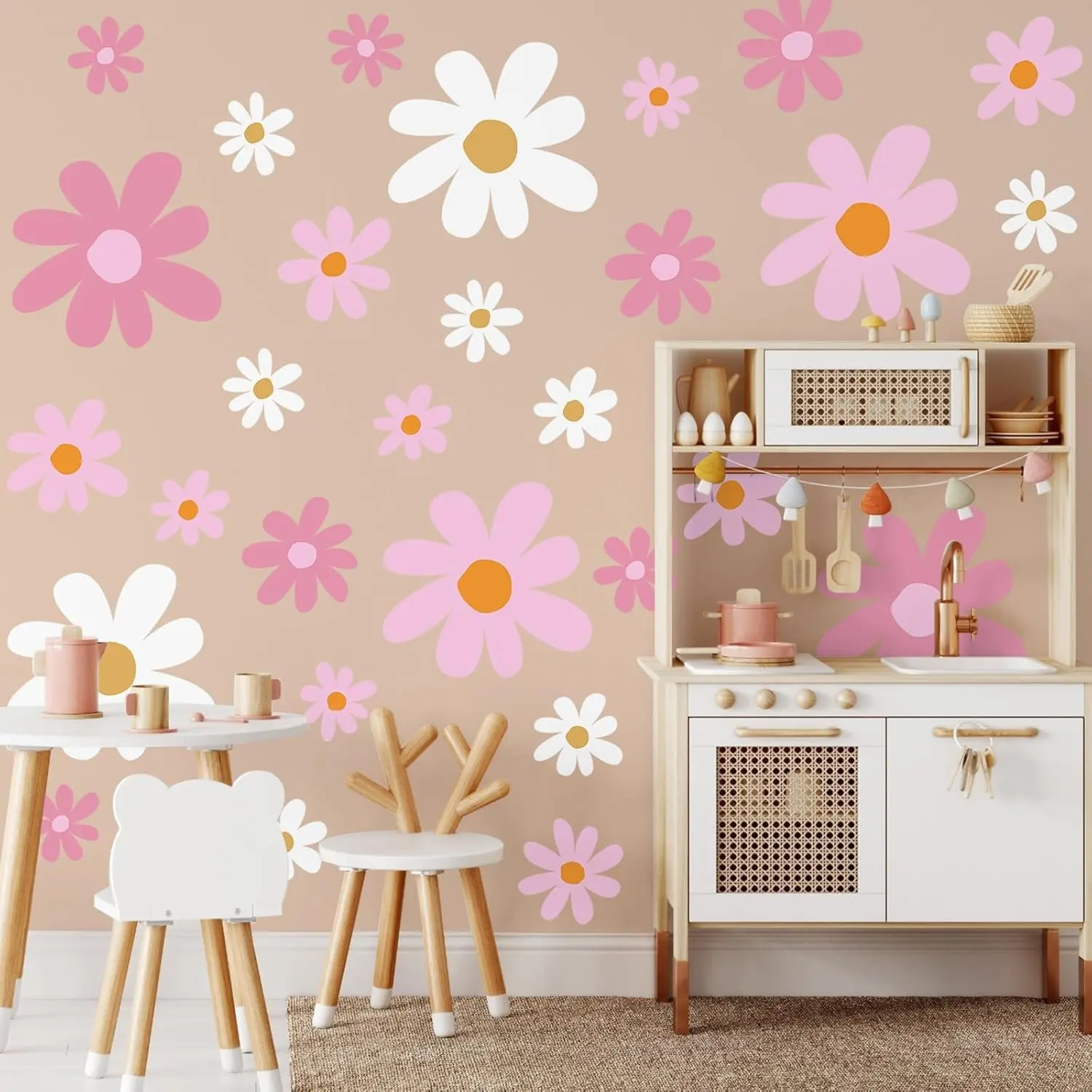 12 Sheet Daisy Wall Sticker Decal Removable Cute Daisy Bedroom Room Decor Flower Wall Sticker Pink White Flower Decal Wallpaper Peel and Stick for Nursery Home(Pink Color,Vibrant Style)