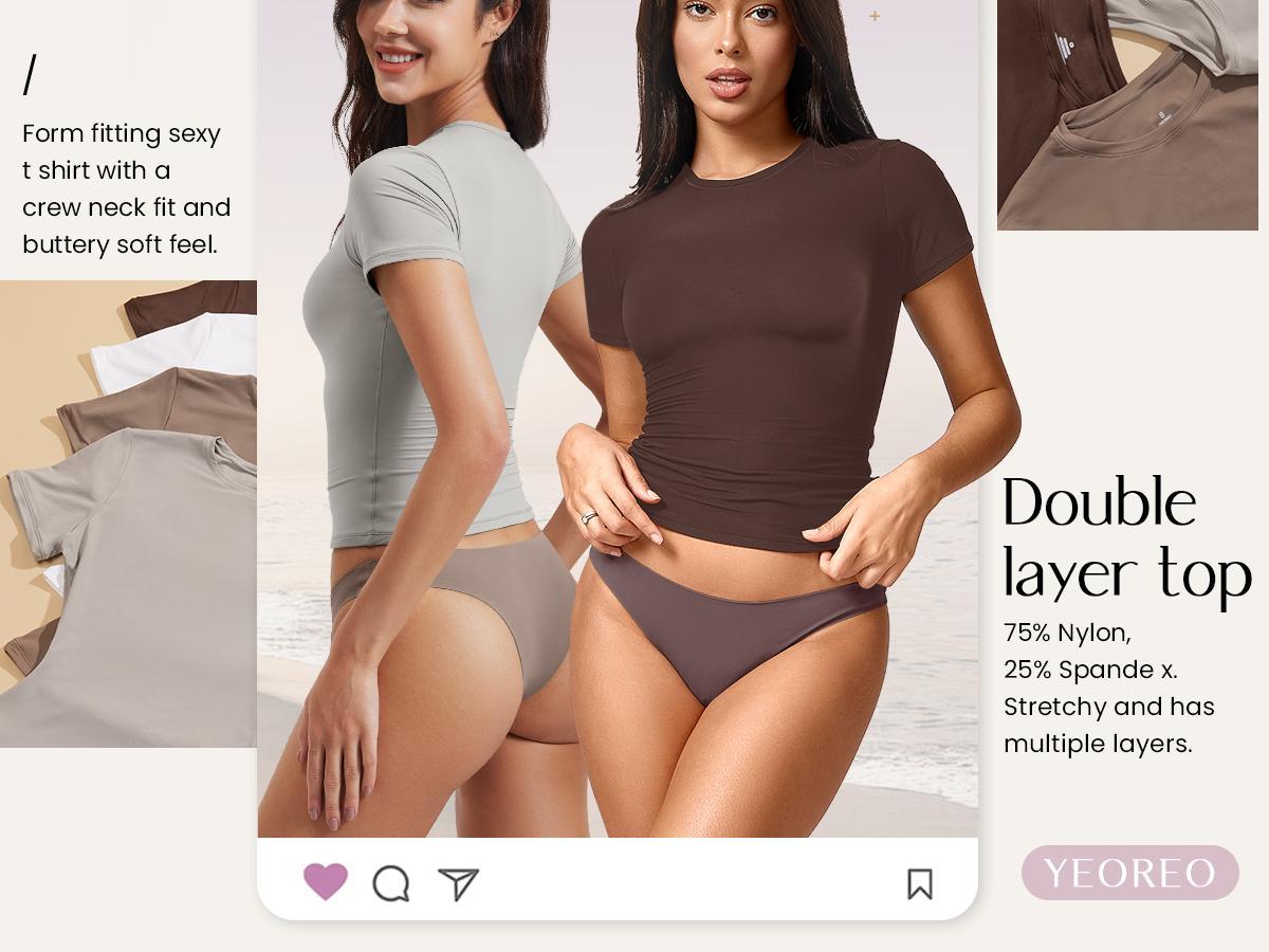 YEOREO Women Fitted Workout Tops Short Sleeve Double Lined Basic Y2K Going Out Crew Neck Compression Crop Top Womenswear