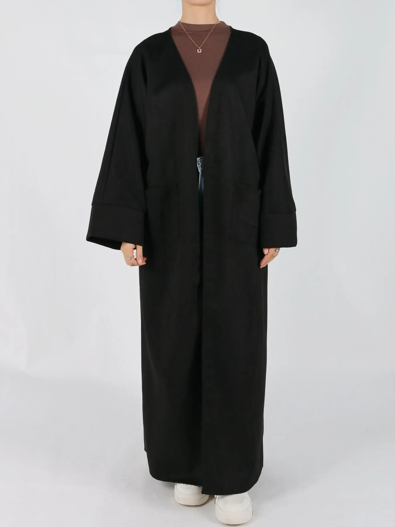 Women's Solid Long Sleeve Open Front Suede Coat, Elegant Long Sleeve Pocket Design Long Coat for Fall & Winter, Women's Islamic Clothing for Daily Wear, Modest Muslim Outfits, Modesty