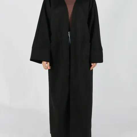 Women's Solid Long Sleeve Open Front Suede Coat, Elegant Long Sleeve Pocket Design Long Coat for Fall & Winter, Women's Islamic Clothing for Daily Wear, Modest Muslim Outfits, Modesty