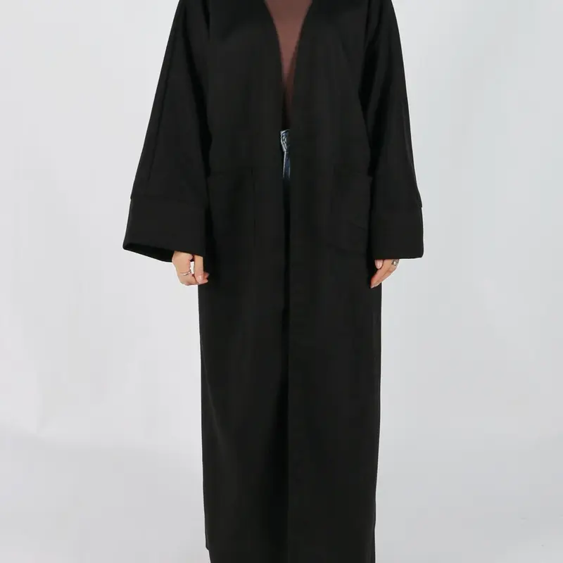 Women's Solid Long Sleeve Open Front Suede Coat, Elegant Long Sleeve Pocket Design Long Coat for Fall & Winter, Women's Islamic Clothing for Daily Wear, Modest Muslim Outfits, Modesty