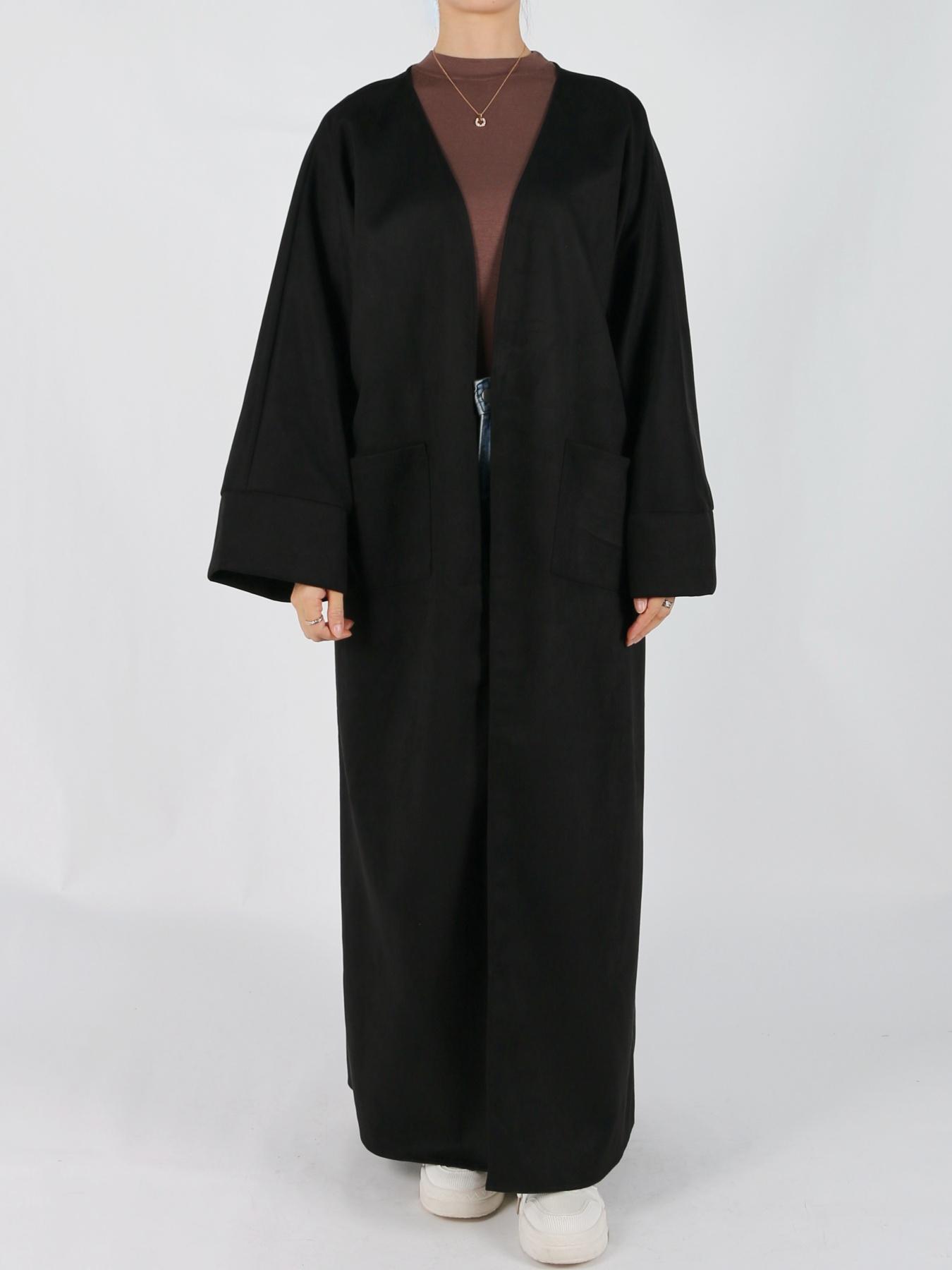 Women's Solid Long Sleeve Open Front Suede Coat, Elegant Long Sleeve Pocket Design Long Coat for Fall & Winter, Women's Islamic Clothing for Daily Wear, Modest Muslim Outfits