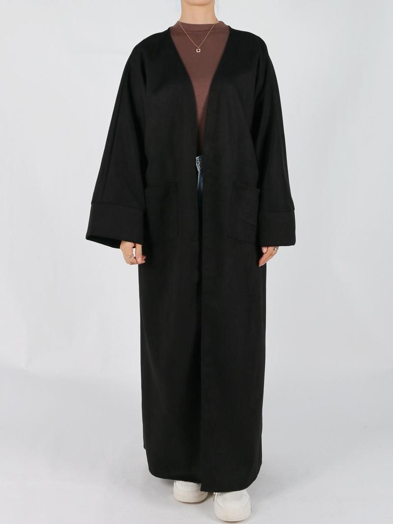 Women's Solid Long Sleeve Open Front Suede Coat, Elegant Long Sleeve Pocket Design Long Coat for Fall & Winter, Women's Islamic Clothing for Daily Wear, Modest Muslim Outfits