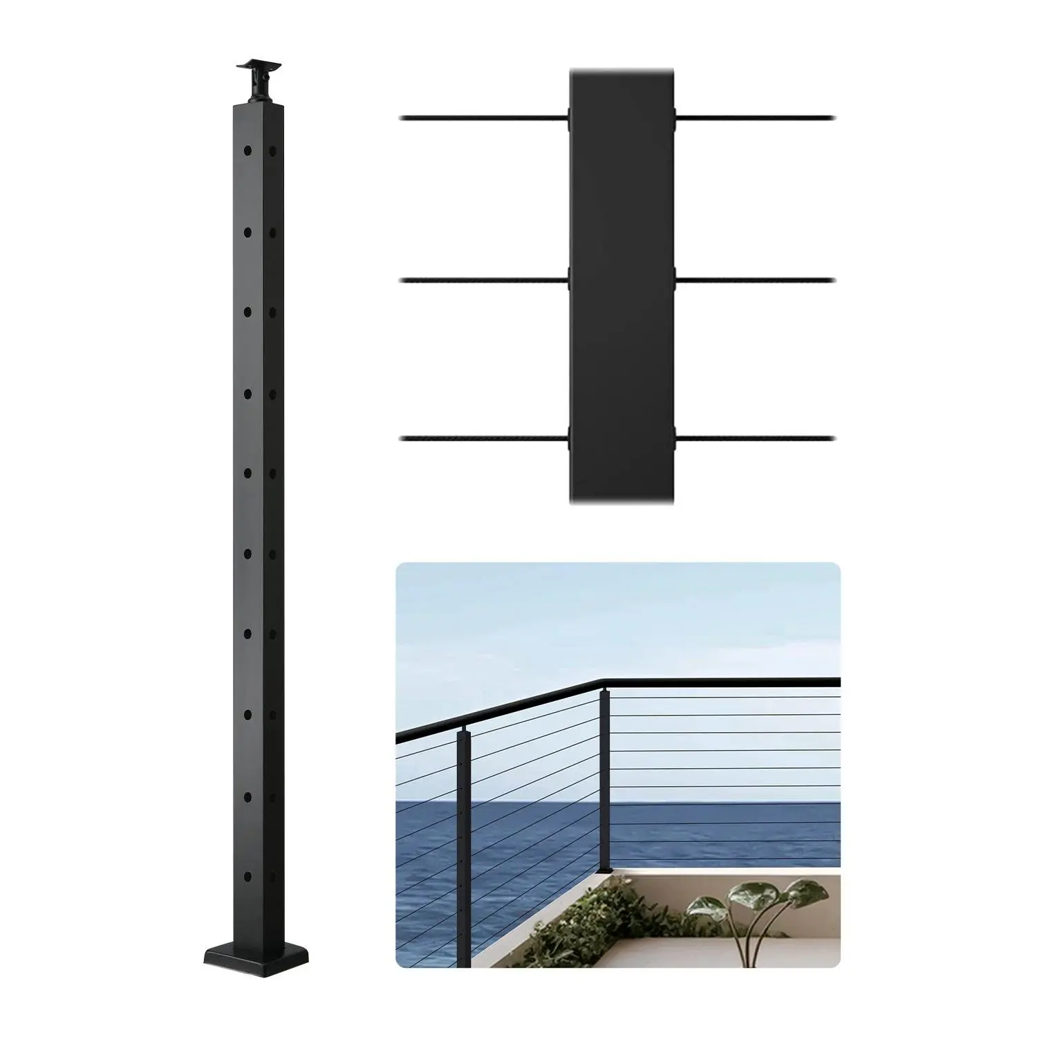 【toolupgrade】VEVOR Stainless Steel Cable Railing Post, 36x1x2 In (91.4cm) Corner Post for Deck Rails, L-Shaped Pre-Drilled Holes, Horizontal & Curved Brackets, Outdoor Security Boost for DIY Users, 1-Pack, Black, 1JZLGZXHS914IVCFL001V0