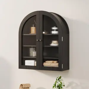 Arched Wall Cabinet with Acrylic Doors and Adjustable Shelves, MDF Medicine Cabinet for Bathroom or Kitchen, Available in Black or Natural Wood