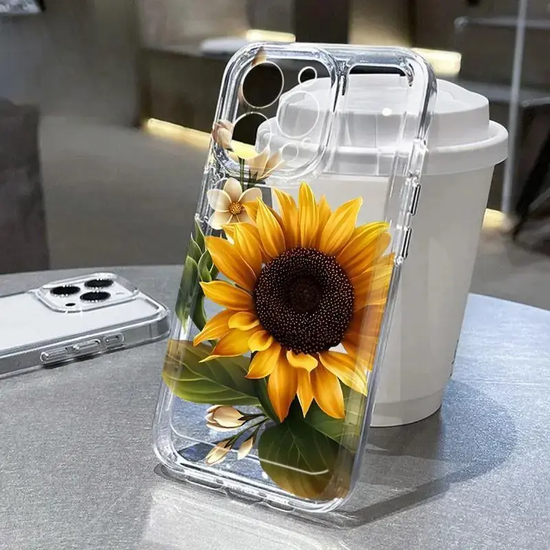 Golden Sunflower Blossom Phone Case, Botanical Clear Full Coverage for iPhone 17 16 15 14 13 12 11 X Plus Pro Max, Garden Lover Gift