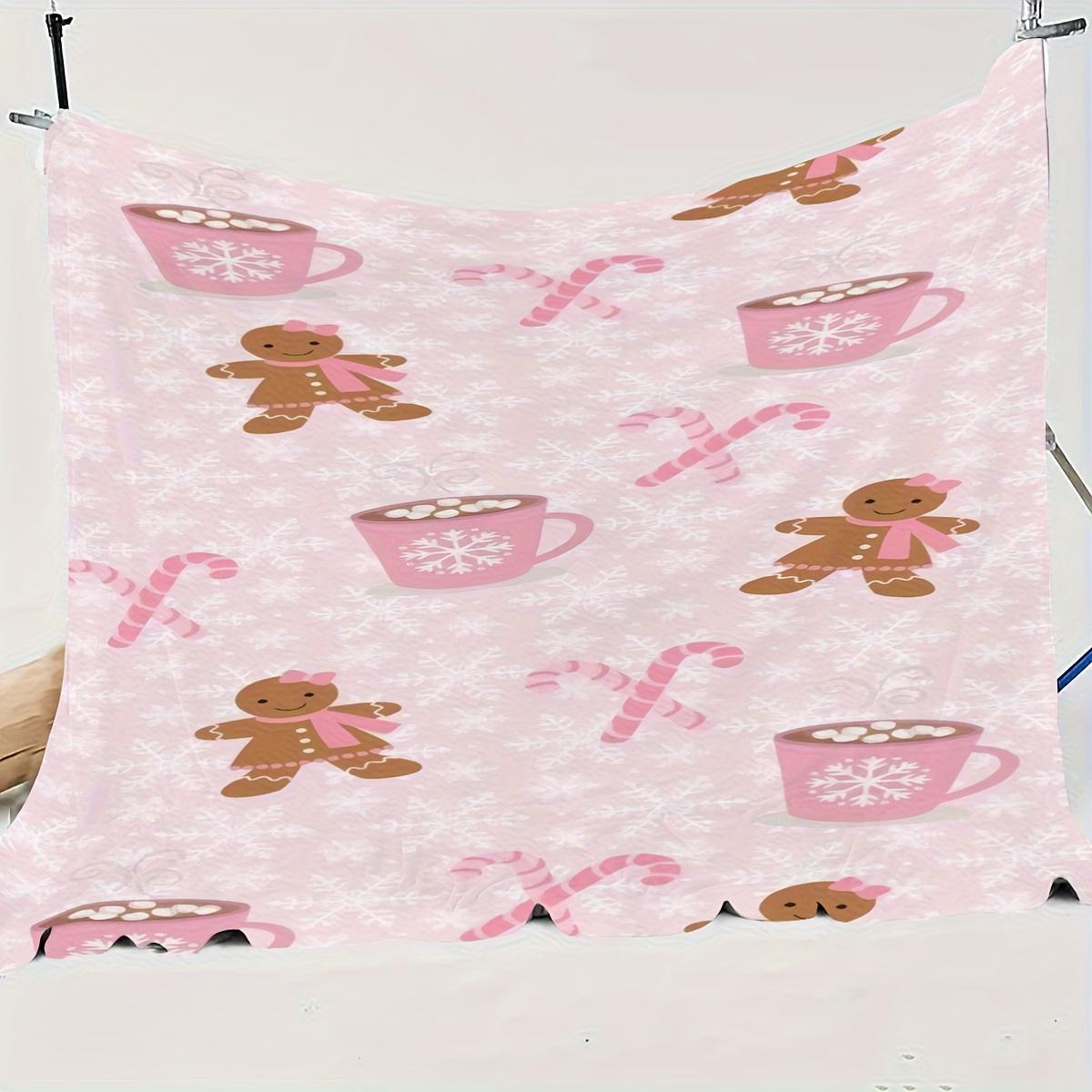 Cozy Pink Gingerbread & Candy Cane Blanket Soft Cozy Leisure Warm Bed Blanket for Couch & Bedroom, Flannel & Fleece Throw Blankets, Cute, Colorful, Festive, Ideal Gift for Kids & Holiday Lovers, Birthday, Christmas