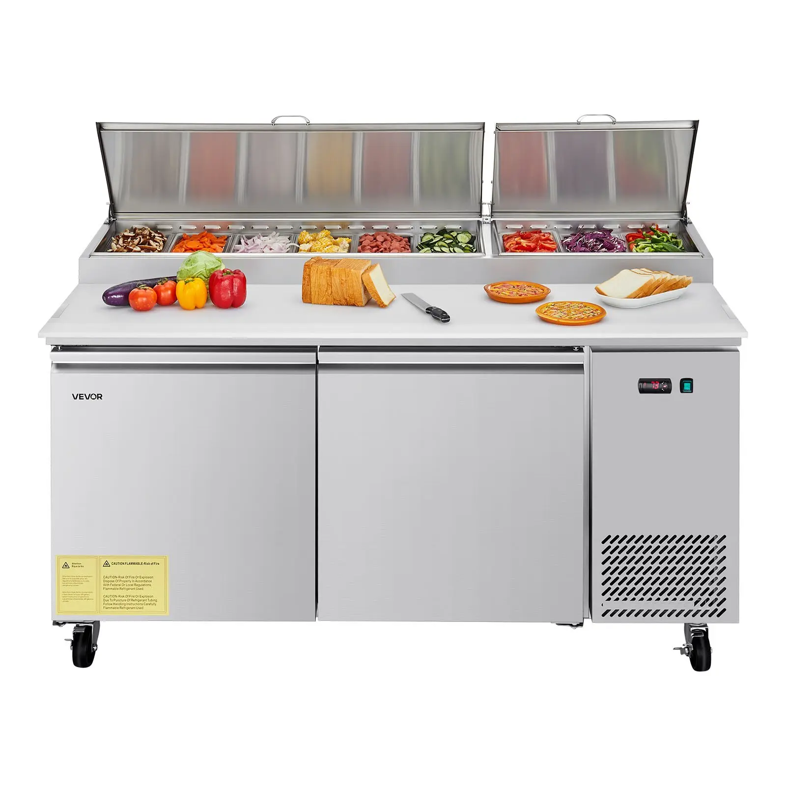 67"W Commercial Refrigerator, Pizza Prep Refrigerated Table, 20" Ultra Wide Countertop Food Prep Worktable, 20.3 Cu. Ft Single Door Salad Prep Fridge, 9 Pans Pizza Make Worktop with Cutting Board