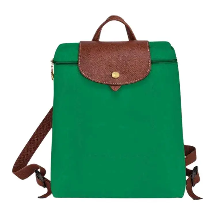 Longchamp Le Pliage Original Leather Backpack for Women, Gold-Trimmed, Green