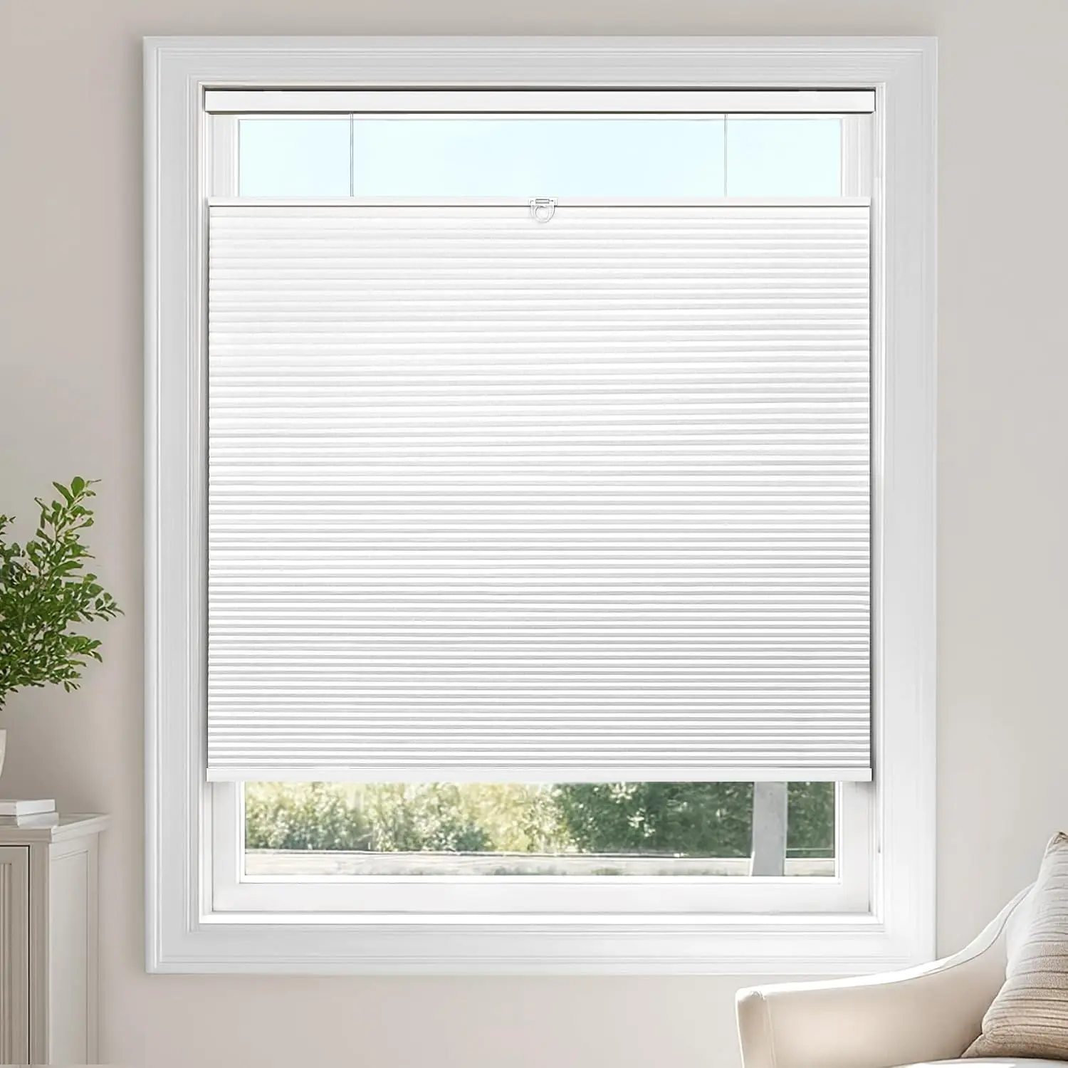 TDBU Cellular Shades, Blackout-White, 33.5" W x 64" H | Thermal Insulation, Noise Reduction Cordless With Drill Top Down Bottom Up Honeycomb Blinds for Windows