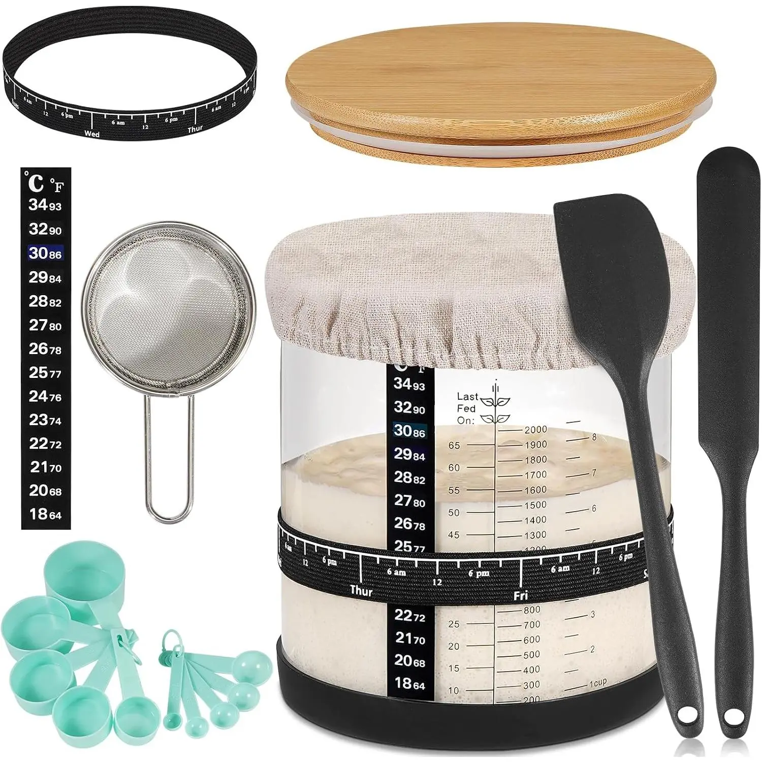 Large Sourdough Starter Jar 66 oz,Sourdough Starter Kit Wide Mouth with Ounce&ML Scale Line,Date Marked Feeding Band, Thermometer, Sourdough Jar Scraper, Cloth Cover &   Lid (BLACK-66OZ/2L)