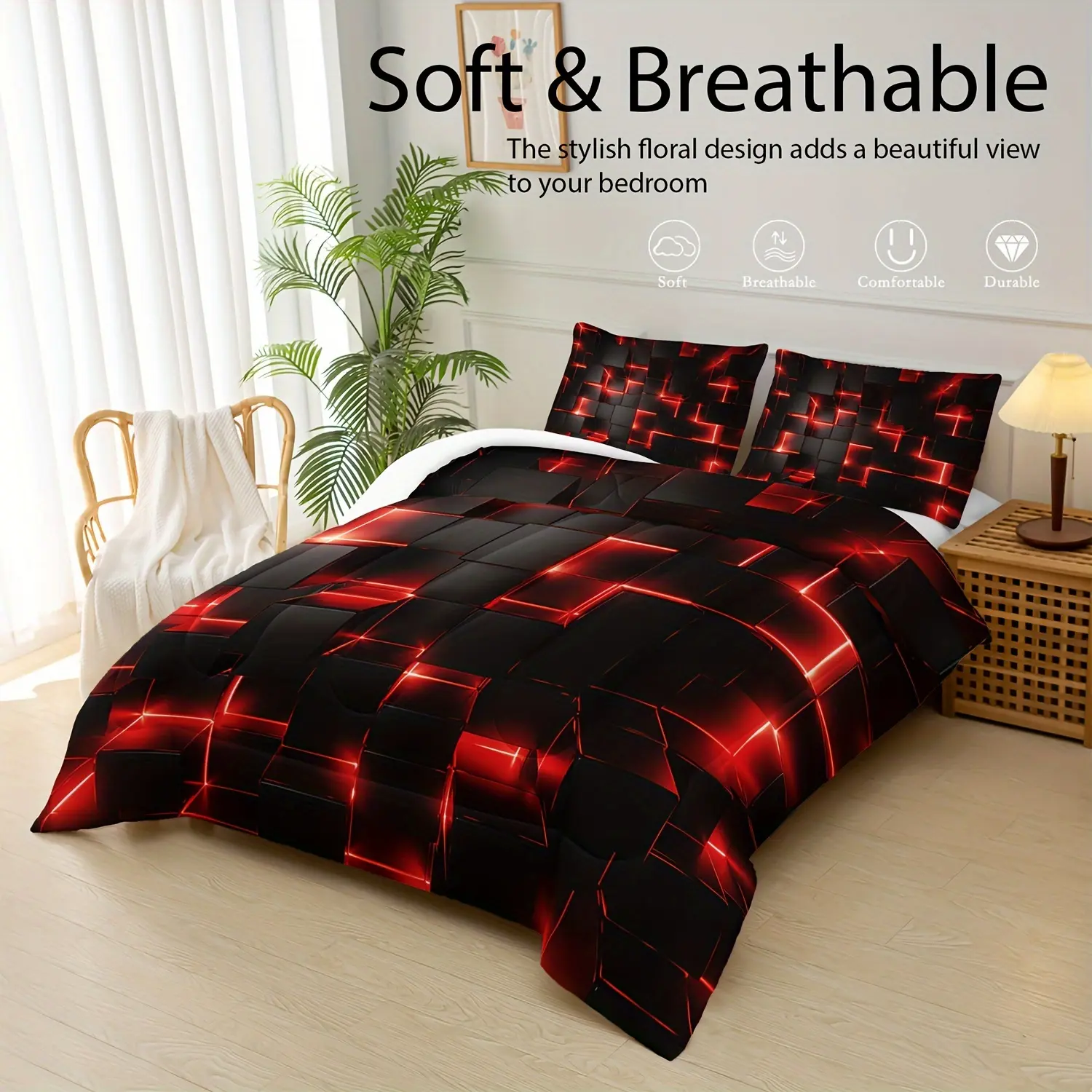 3 Piece Geometric Red Plaid Printed Textured Comforter Set, Soft Breathable All Season Bedding Set (1 Comforter + 2 Pillowcases), Suitable for Home Dormitory Decoration