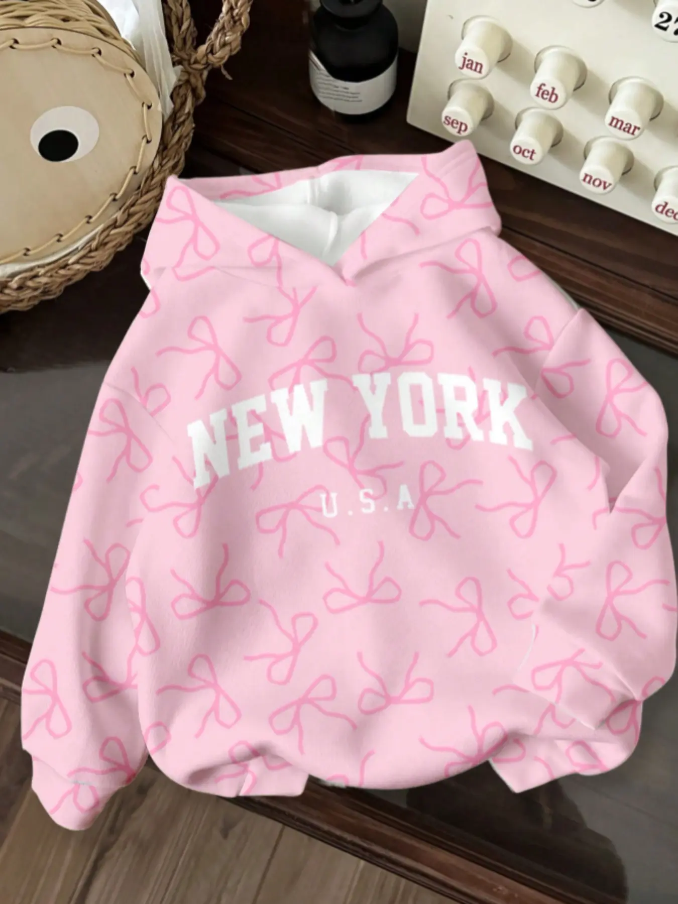 Girls' Cute Bow Print Hoodie, Comfortable Fall Campus Return-To-School, Outdoor Activity Sweatshirt, Bow Pullover Sweatshirt