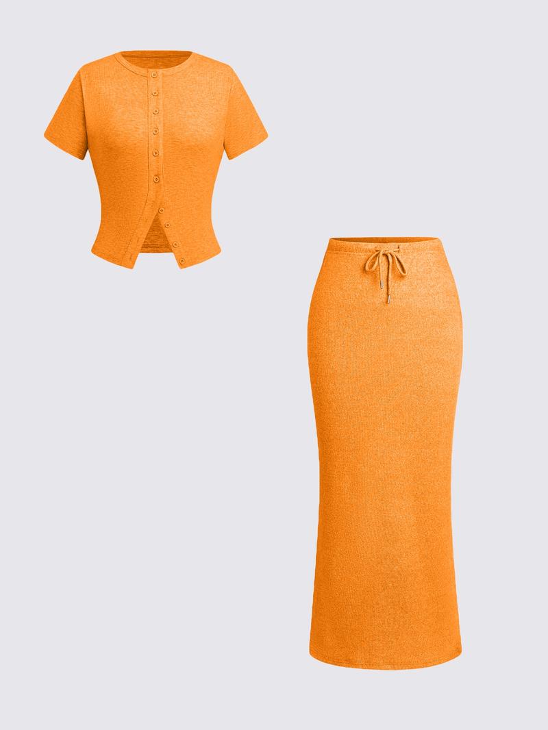 Women's Solid Button Front Tee & Drawstring Split Hem Skirt Two-piece Set, Casual Short Sleeve Top & Skirt for Daily Wear, Ladies Two-piece Outfits for All Seasons, Matching Clothing Set Women