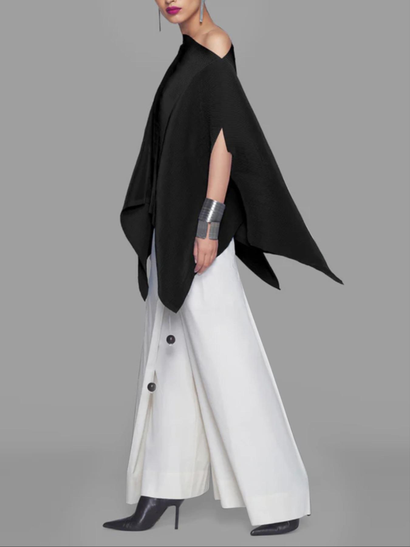 Women's Solid Color Batwing Sleeve Asymmetrical Hem Basic Tee, Casual Long Sleeve Shoulder Pad Top for Fall & Winter, Women's Clothing for Daily Wear