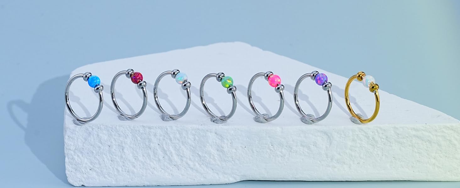 2PCS 316L Surgical Steel Nose Rings Hoop 18g 20g Opal Nose Rings for Women Septum Rings 8mm/10mm Nose Piercing Jewelry Cartilage Earring