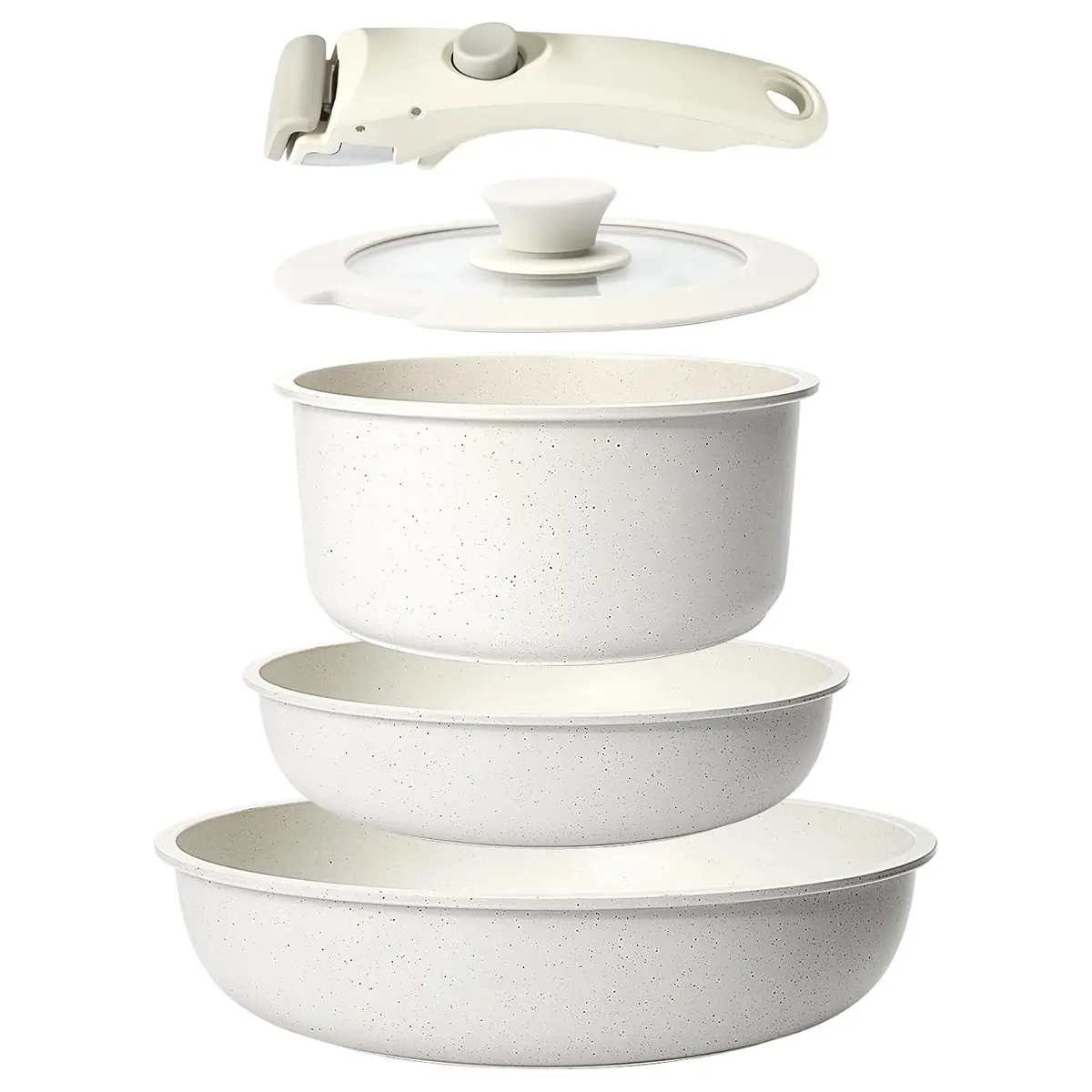 5pcs Detachable Handle Non-Stick Cookware Set, Multi-Functional Soup and Fry Pans, All Stove Compatible, Portable and Easy to Clean