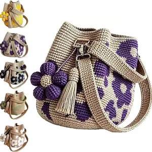 Boho Crochet Flower Bucket Bag, Handmade Floral Drawstring Crossbody Purse for Women, Summer Beach & Casual Use, Stylish and Unique Design