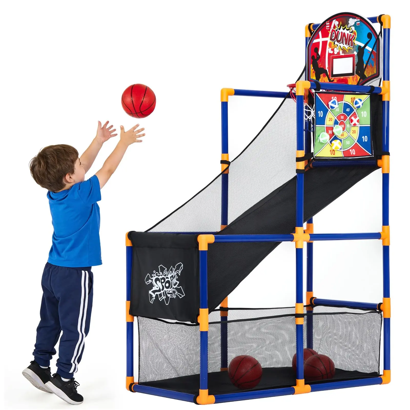 2-in-1 Adjustable Kids Basketball Arcade Game Set – Basketball Hoop & Sticky Toss, Indoor Outdoor Sports Toy, Ball Return Ramp, 4 Basketballs & 6 Adhesive Balls, Gift for Boys & Girls Ages 3+