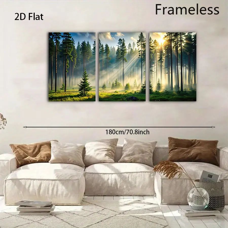 2D canvas, 3-piece canvas poster set, forest canvas wall art, landscape painting, pine trees, sunshine, Halloween, Christmas gift, kitchen, living room, bedroom home wall decoration
