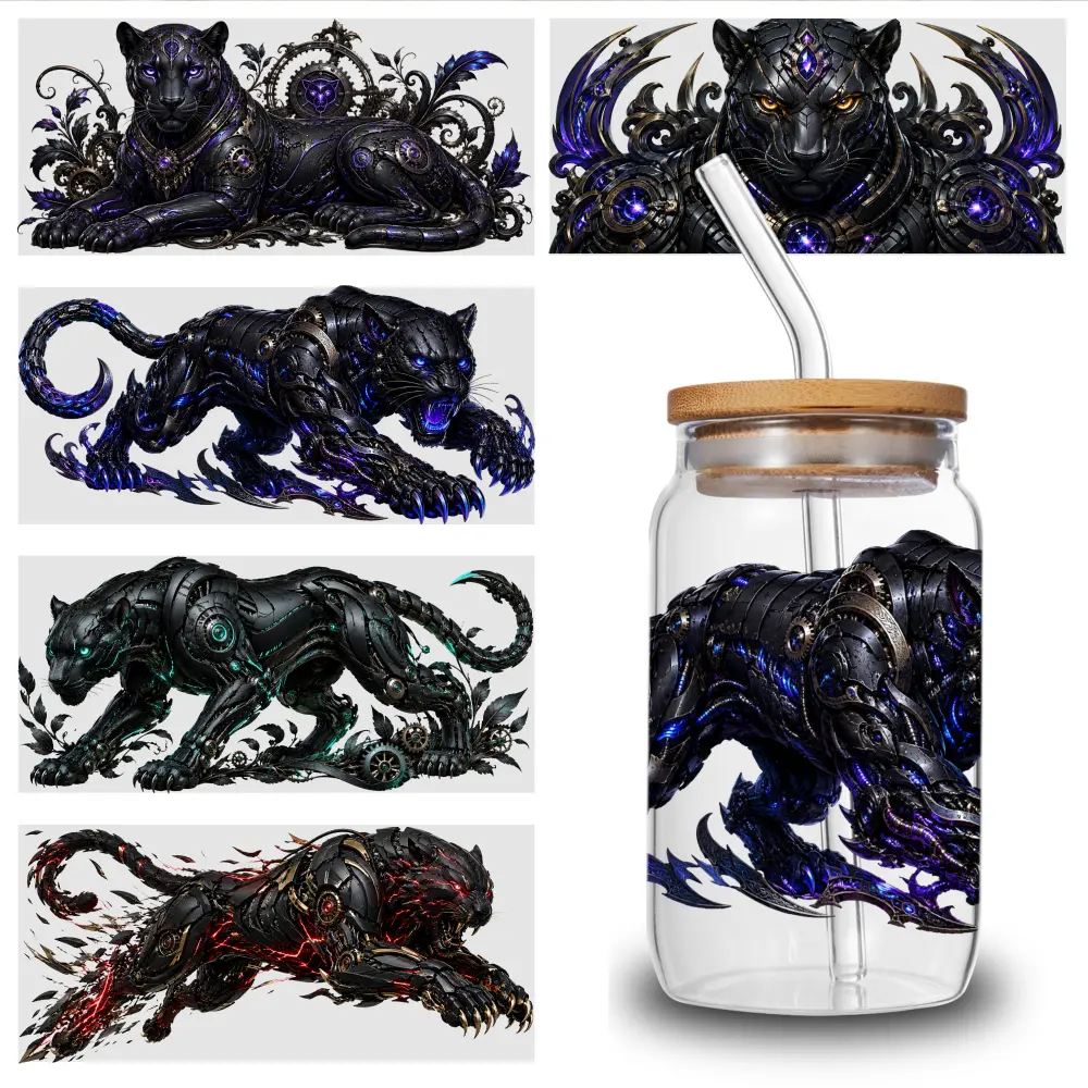 5 Sheets Mechanical Panther UV DTF Stickers Cartoon UV DTF Transfer Sticker for Water Cup Glass Bottle Glass Jar, Cup Wrap Sticker, Cartoon Decal, Waterproof Decorative