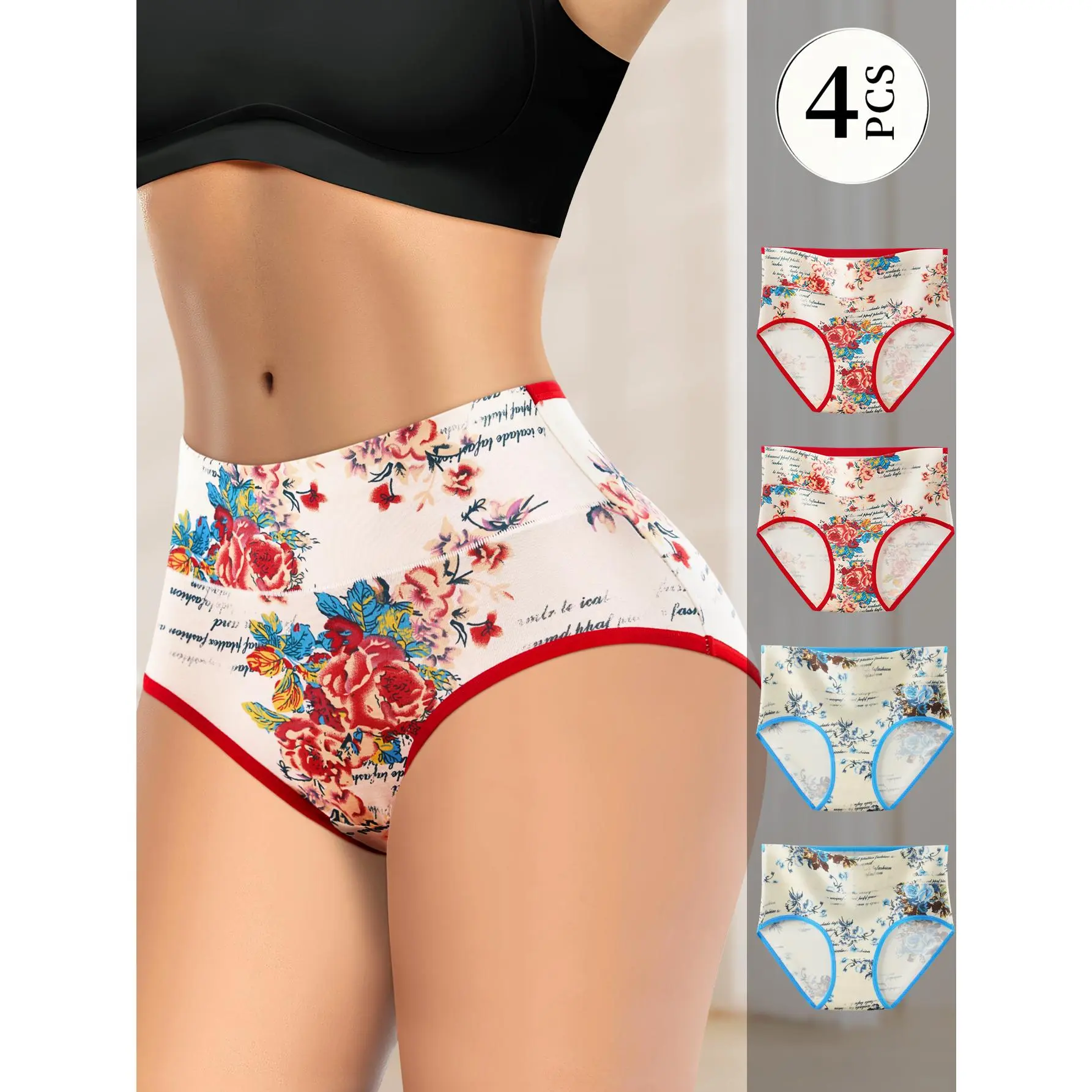 QUASTI 4 Pack High Waist Cotton Briefs, Vintage Floral Print Mid-Rise Panties, Soft Breathable 92% Cotton Everyday Underwear for Women, S-XXL