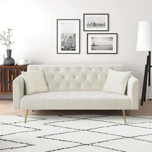 71-in American Retro Beige Velvet Convertible Love Seat Sofa - Premium Craftsmanship, Metal Frame, Assembly Required, Ideal for Small Living Room, Office, Overnight Guests