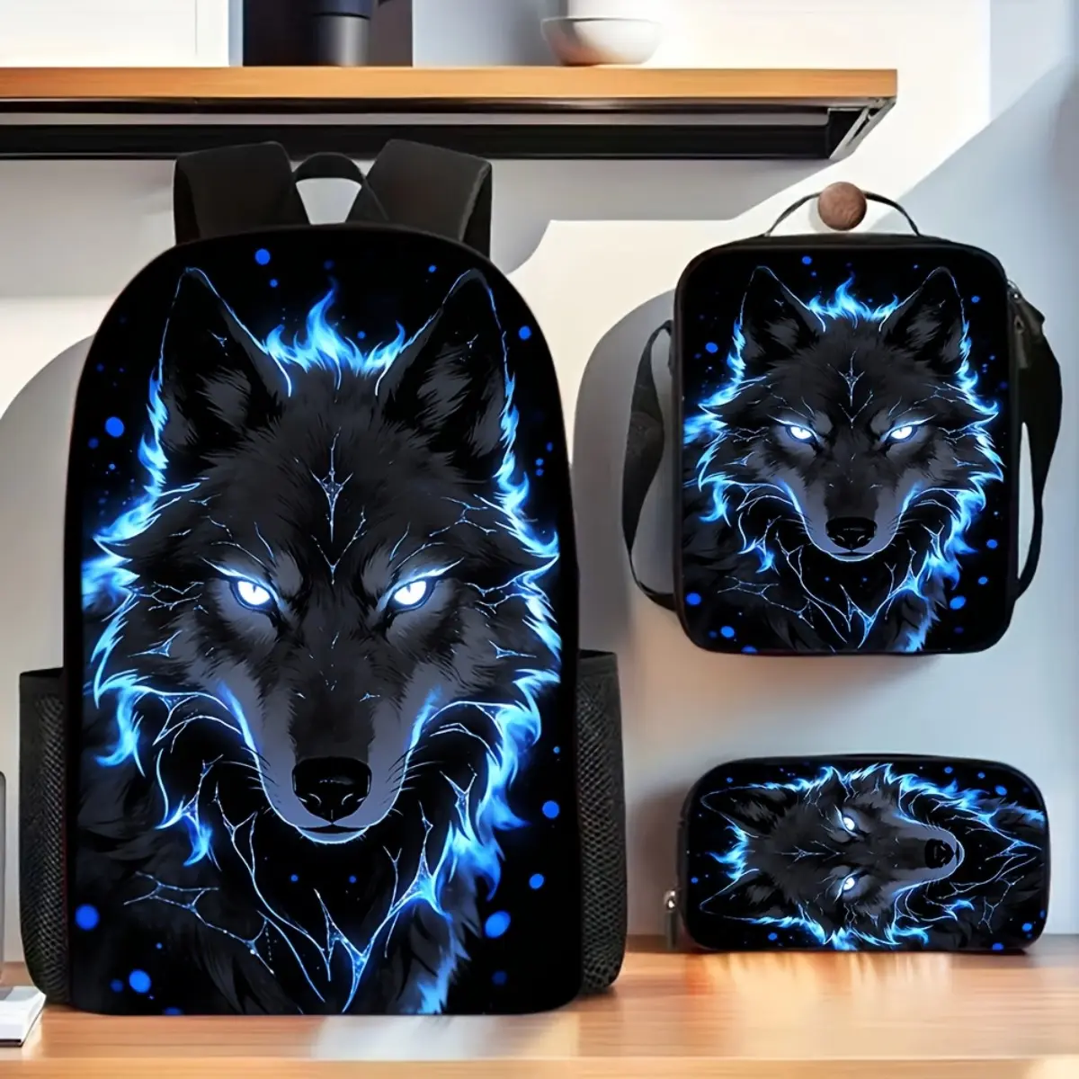 3-Piece Backpack Set with Casual Blue Flame Wolf Print, Multi-Function Zip Bags for School & Outdoor Activities, Leather, Set Pack, Unisex, Built-In Organizer Backpacks