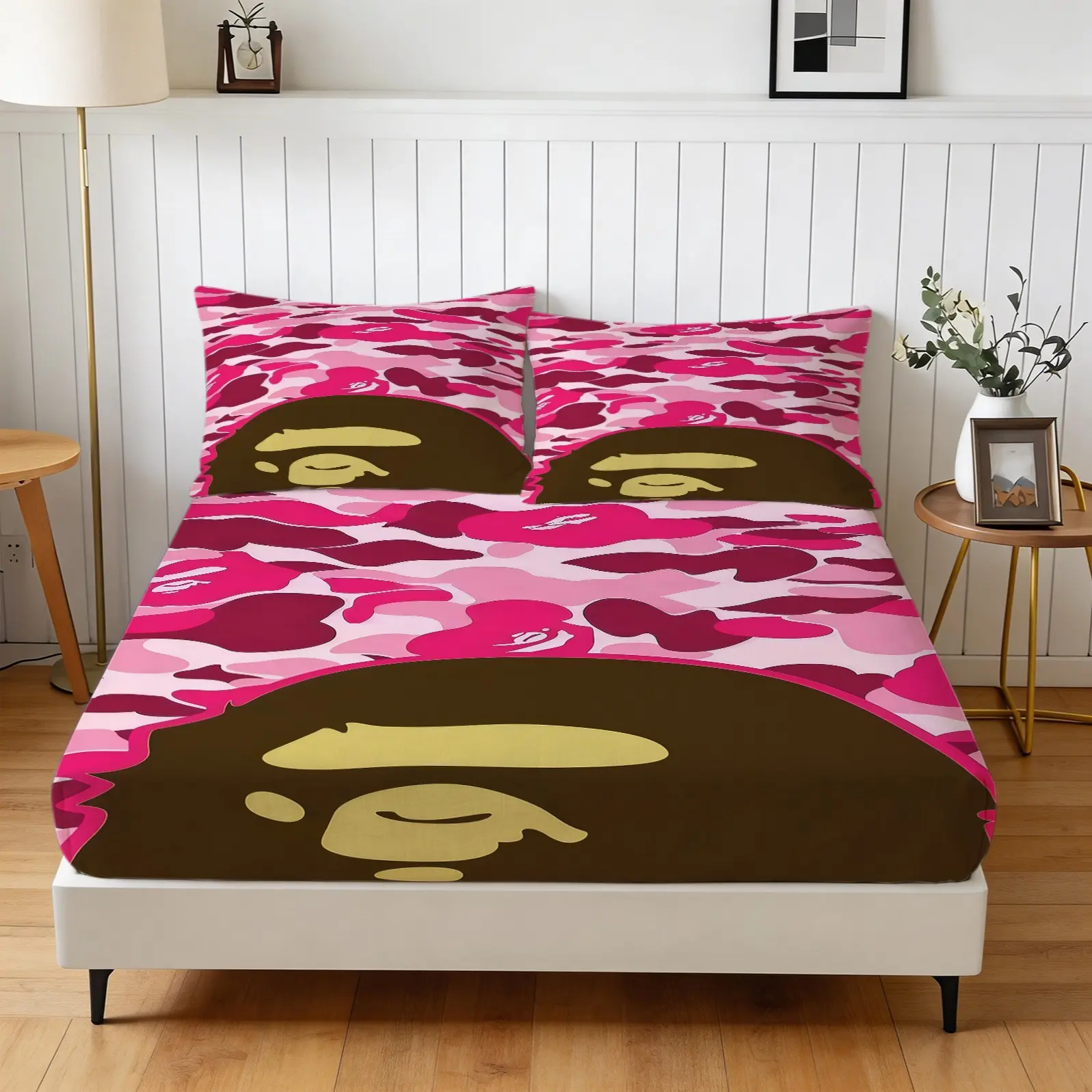 3-Piece Camouflage Ape Head Pattern Bed Sheet, Including 1 Bed Sheet And 2 Pillowcases, Soft And Comfortable Bedding, Anti Slip Dust Cover, Suitable For Bedrooms And Guest Rooms