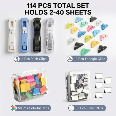 Clip Dispenser, Clip Pusher, Refill Clips Sorting Marking Clip Set, total 114 pieces, includes 4 clip dispensers, 50 colored clips, 50 silver clips, 10 Triangle Clips, reusable, for sorting papers for Home, School, Office