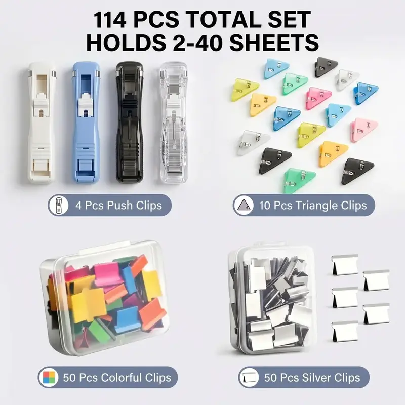 Clip Dispenser, Clip Pusher, Refill Clips Sorting Marking Clip Set, total 114 pieces, includes 4 clip dispensers, 50 colored clips, 50 silver clips, 10 Triangle Clips, reusable, for sorting papers for Home, School, Office