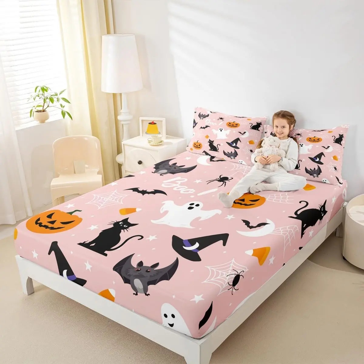 Halloween Ghost Pumpkin Cat Bat Print Bed Sheet Set, Cartoon Festival Microfiber Bed Sheet with 2 Pillowcases, Kids Bedroom Decor