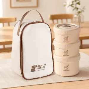 4Pcs Portable Lunch Container Set for Adult, Portable Stainless Steel Food Container, Round Stackable Leakproof Thermal Food Container, lunch box with Insulated Bag