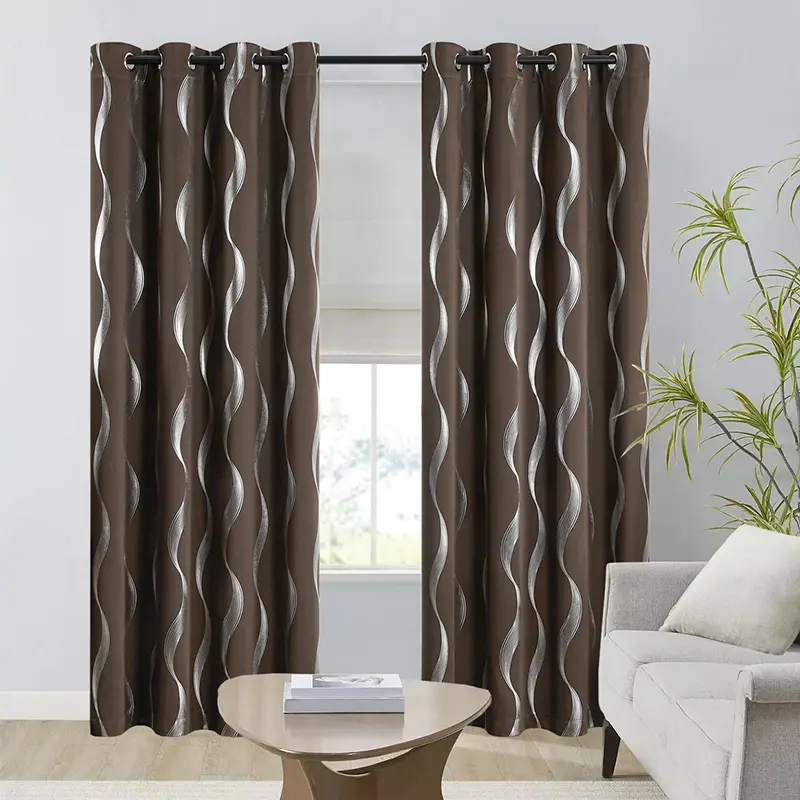 2 pieces of vertical luxury textured gold-foiled curtains, with holes at the top for hanging, naturally filtering sunlight while blocking out views to protect privacy, suitable for bedrooms and living rooms
