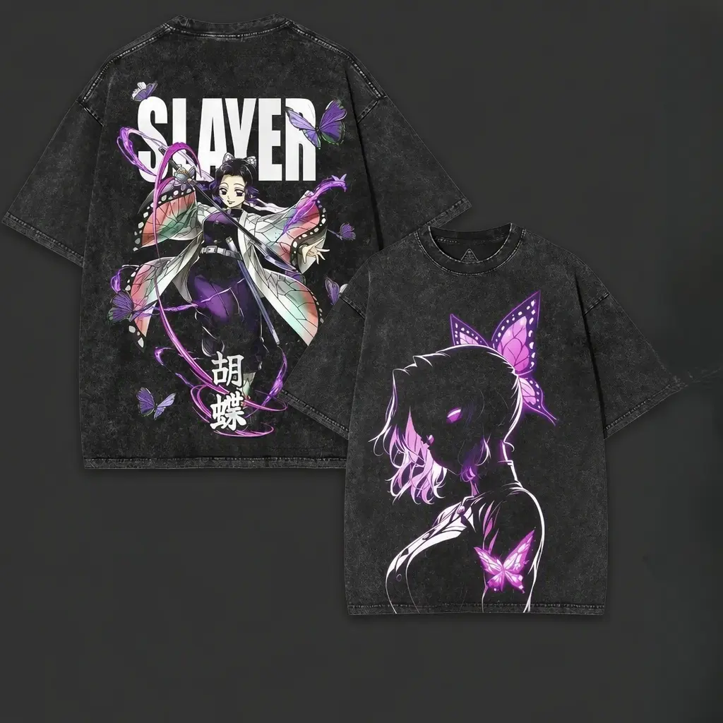 Shinobu Demon Slayer Oversized Vintage Washed Tee 260GSM Heavy Cotton| Butterfly Breathing Collector Drop Basic Dress, 90s Graphic American Casual Short Sleeve Tee| Premium Soft Cotton Classic Unisex Crew Neck Printed T-Shirt for Daily, Gym & Streetwear