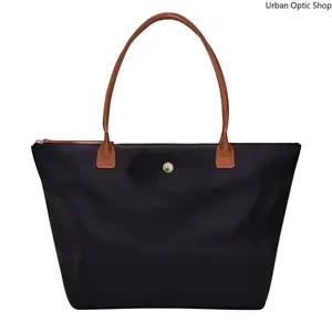 Large Capacity Nylon Tote Bag Contrast Leather Handle Women Work Commute Shopping Daily Travel Handbag