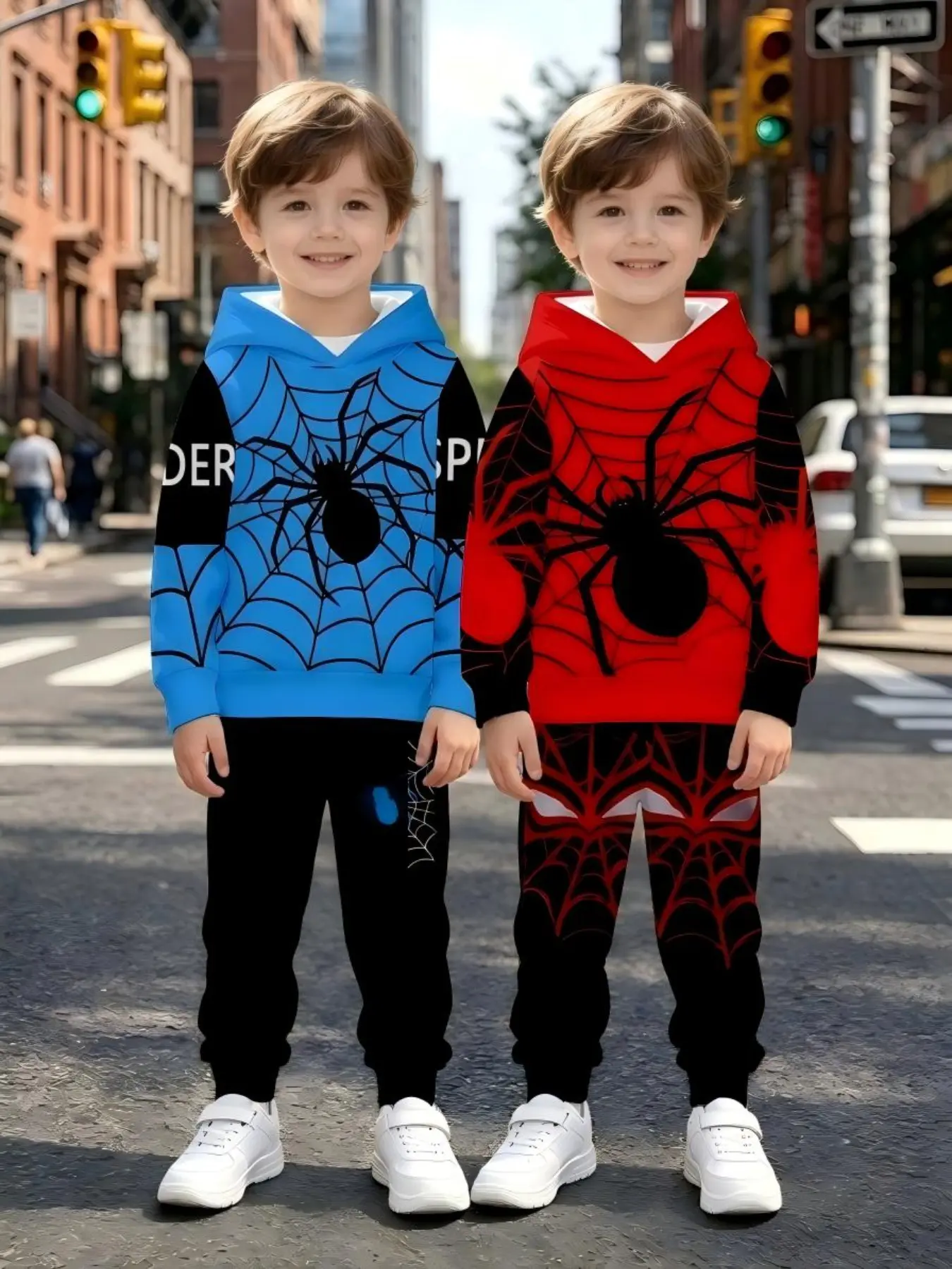 Spider-Man Hoodie Set for Boys 1-14 Years, Blue Colorblock Design, Graphic Print Set, Loose Fit, Casual Fall Winter Wear, Perfect Birthday Gift