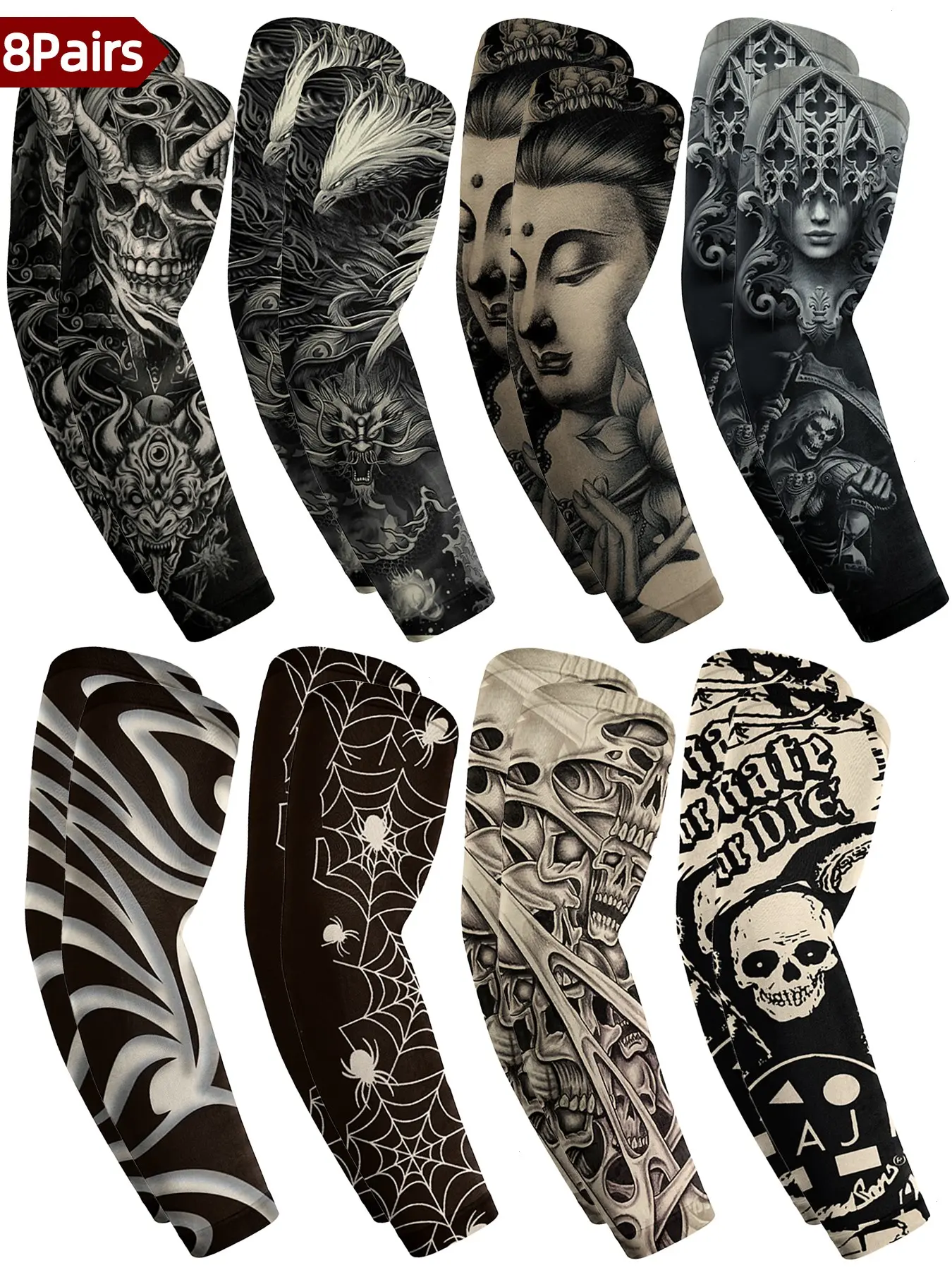 8 Pairs Arts Fake Temporary Tattoo Arm Sunscreen Sleeves Designs Tiger, Crown Heart, Skull, Tribal and Etc Arm Sleeve Tattoos