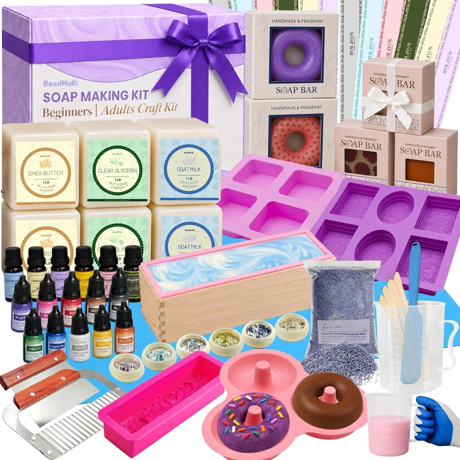 BeadHub Soap Making Kit for Adults Beginners |   6LBS Melt & Pour Soap Base - Shea Butter, Clear Glycerin & Goat Milk, All-in-one Deluxe Kit for Soaps with Fragrances, Colors, Making Tools & Supplies