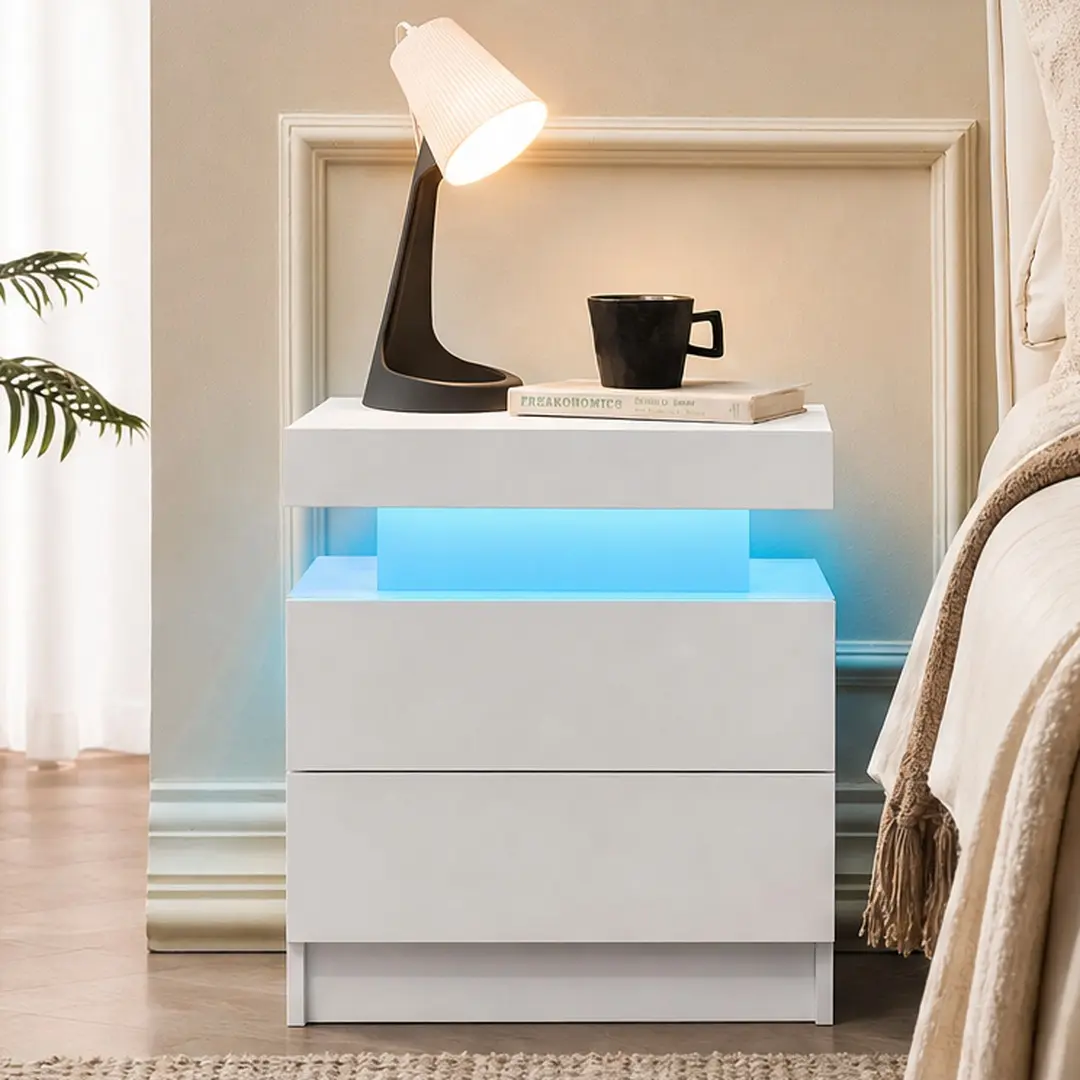 ARCH LED Nightstand with 2 Drawers, White Engineered Wood Bedside Table with Adjustable Color Changing Lights, Modern End Table for Bedroom Living Room, Small Side Table with Storage, 13.7x19.3x20.5 Inches, White Color Options, Engineered Wood Materi