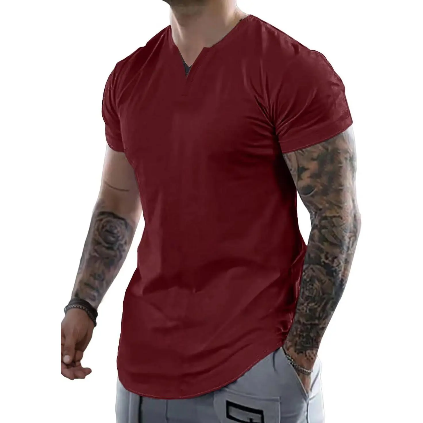 Men's Muscle Fit V-Neck Short-Sleeve Athletic Gym Casual Summer Tees