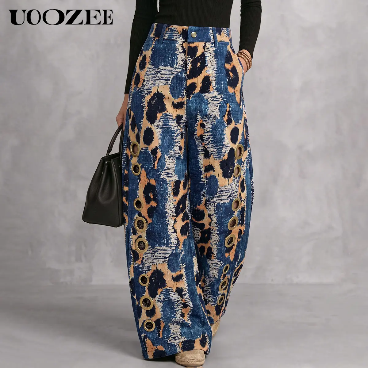 UOOZEE Women 100% Polyester Non-Denim Leopard Print Wide Leg Pants, Metal Eyelet Cutout Side Loose Palazzo Trousers,  Casual Streetwear Vacation Bottoms, Elastic Back Waist Real Pockets, Size Down For Slim Frame