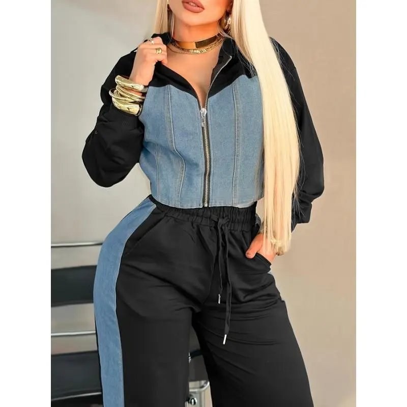 Women's Hooded Polyester Pantsuit, 95% Polyester 5% Elastane Knit Fabric, Solid Color with Pockets, Casual Vacation Style, for Spring/Fall Collar Womenswear Clothing Comfort Long Sleeve Collared Fitted Multicolor