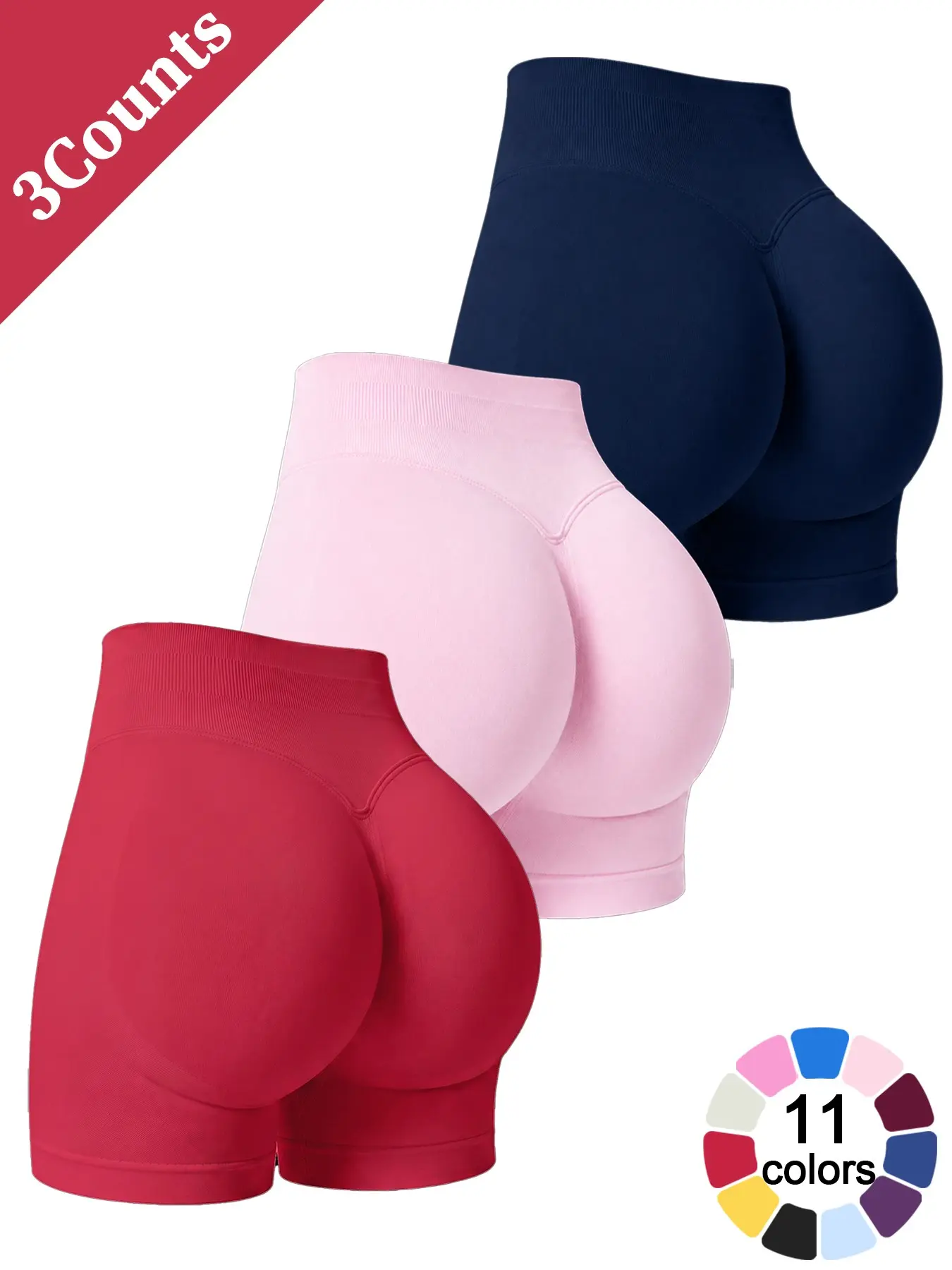 Women’s 3 Pack Seamless Workout Shorts High Waist Tummy Control Butt Lifting Peach Butt Shaping Buttery Soft Breathable 4 Way Stretch Yoga Shorts for Gym Running Cycling Fitness