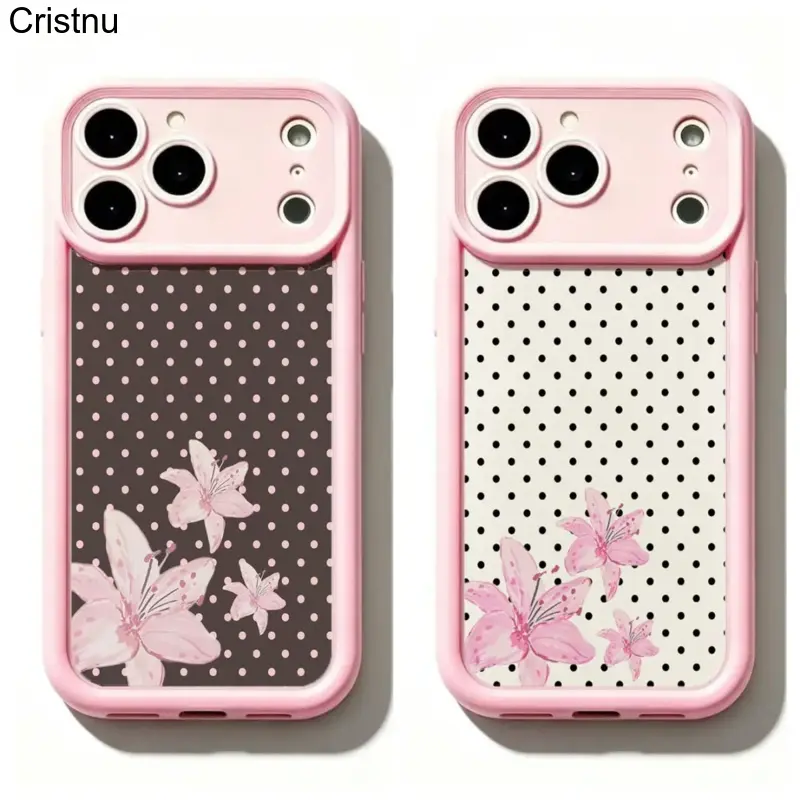 Pink Lily Polka Dot Phone Case,Brown & Pink Polka Dot Lily Phone Case,Girly Polka Dot Flower Aesthetic Protective Cover for iPhone 11 12 MINI 13 MINI 14 15 16 17 Air Pro Max Case,Gift for her/him